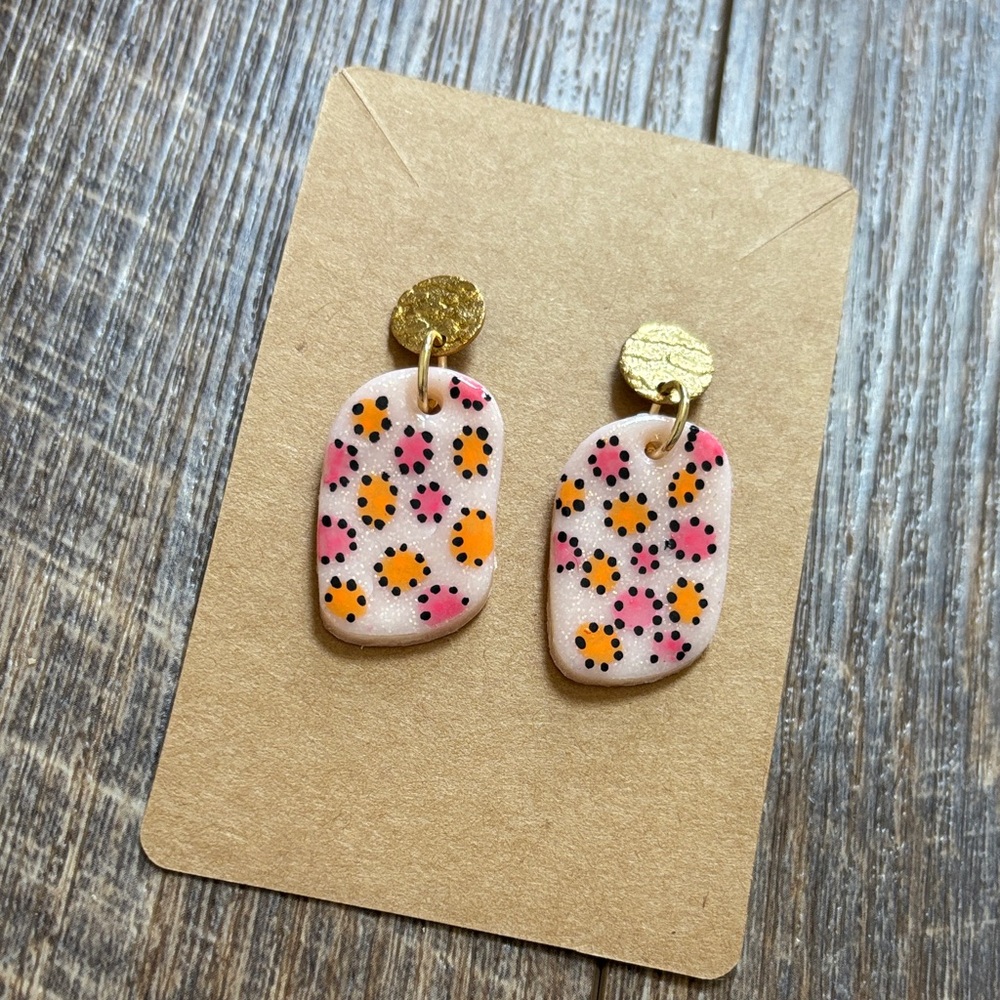 Fun Handmade Pink and Orange Print Polymer Clay Pierced Earrings